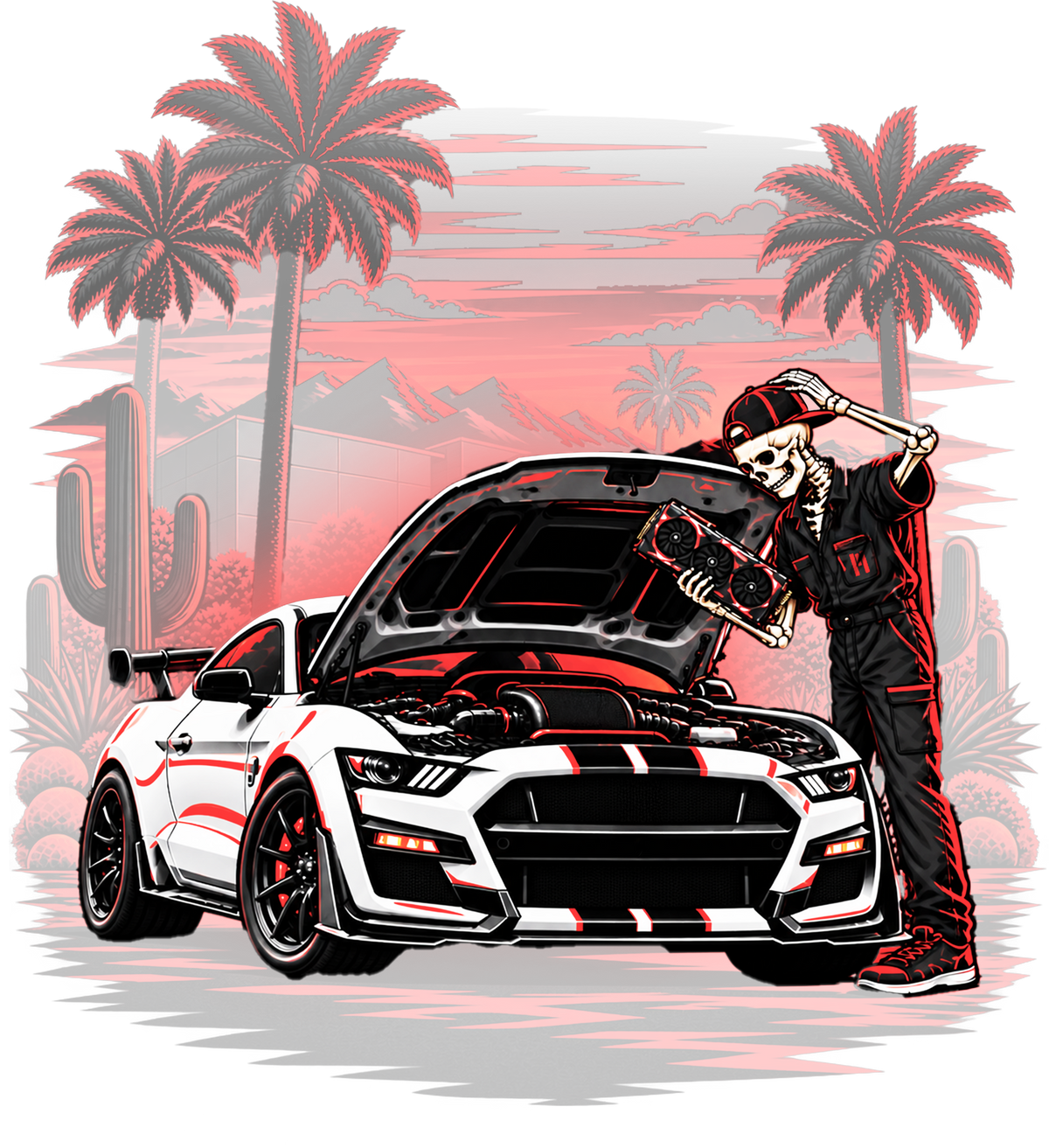 A skeleton mechanic holding a graphics card over a white Mustang under the hood, palm trees and saguaros behind